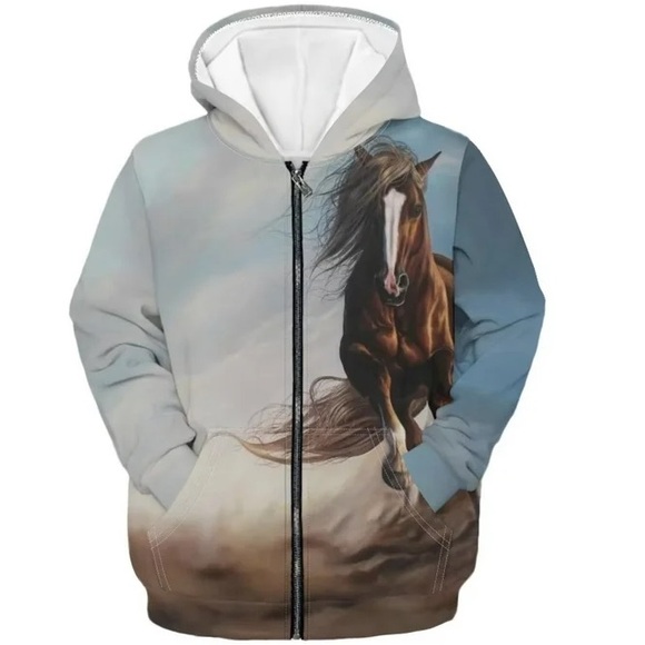 New Horse Print Zip Up Hoodie Jacket - Picture 2 of 9